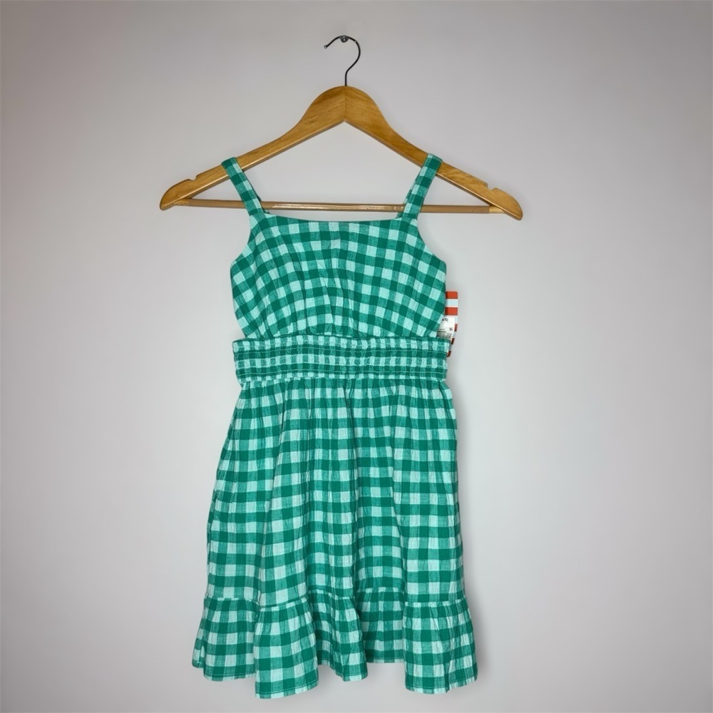 New Cat & Jack Green Checkered Kids Dress XS (4/5) Cut Out Detail
